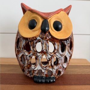 Vintage Wise Owl Brown Glazed Tea Light Holder Ceramic